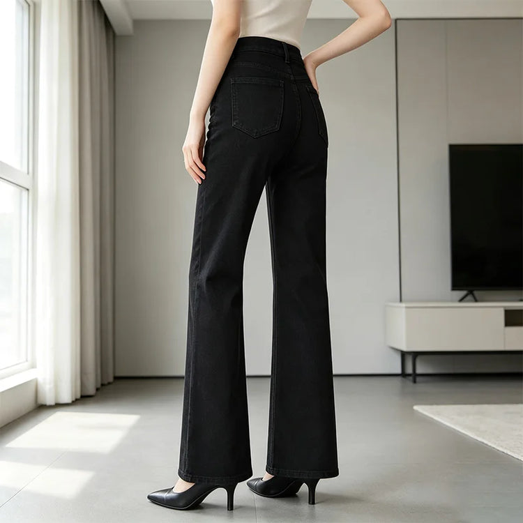 Women’s high-waisted wide-leg black jeans, dark washed denim with elastane, casual large trousers for the city, office, and outings, figure-flattering fit, comfortable fabric that doesn’t constrict FX1338-1