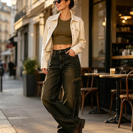 Women's Jeans Cargo Balloon High Waist Denim Blue Vintage Effect Details Leopard Pockets Big pants Streetwear Y2K for Urban Leisure Outings FX5355-1