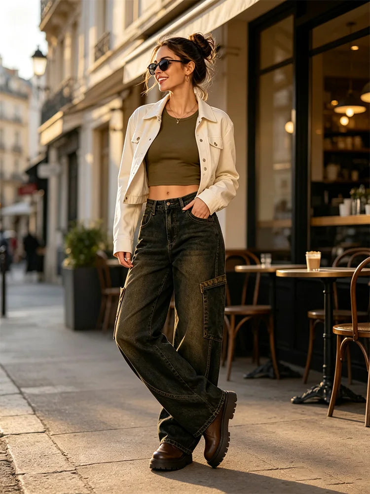 Women's Jeans Cargo Balloon High Waist Denim Blue Vintage Effect Details Leopard Pockets Big pants Streetwear Y2K for Urban Leisure Outings FX5355-1