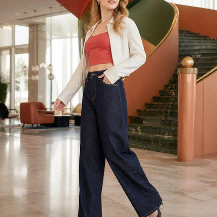Women’s high-waisted barrel jeans, Y2K-style unwashed dark blue denim, large trousers with contrast stitching, comfortable casual streetwear fit, sizes XS–XL sold individually FX5379-6