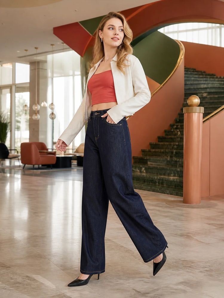Women’s high-waisted barrel jeans, Y2K-style unwashed dark blue denim, large trousers with contrast stitching, comfortable casual streetwear fit, sizes XS–XL sold individually FX5379-6