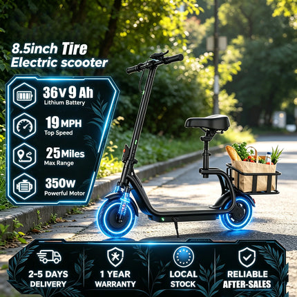 EU Stock 350W Foldable Portable Electric Scooter 19MPH Top Speed 25 Miles Max Range 36V9AH Battery Three Speed Adjustment App Control Max Load 120Kg 8.5 Inch Solid Rubber Tire Adjustable Seat Detachable Basket Comfortable Rid