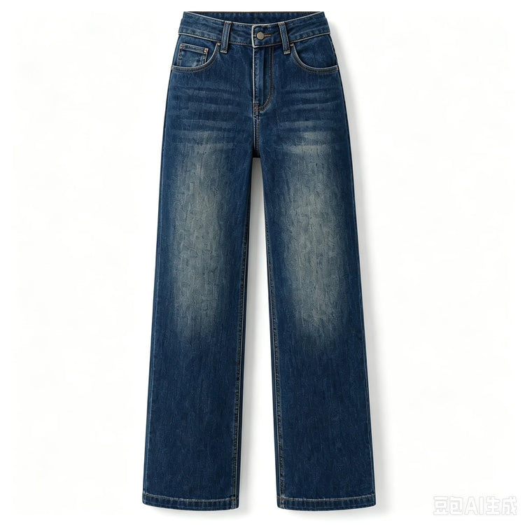 Women's High-Waisted Wide-Leg Jeans, Trendy Vintage Wash Design with Heart Pockets, Casual Y2K Style Denim Pants, Comfortable Fit Without Belt, Durable Denim Fabric That Flatters the Figure, Versatile Cut, Yw-1892