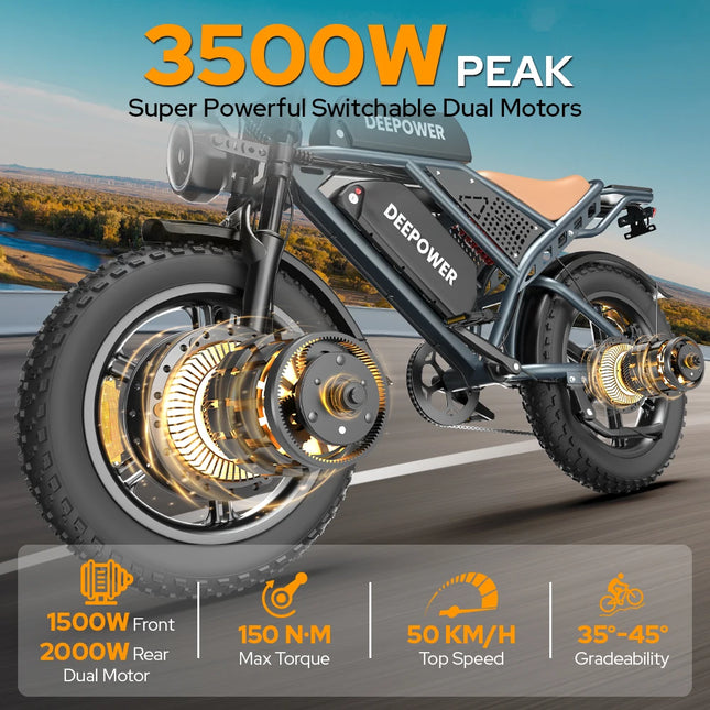 DEEPOWER S8 Electric Bicycle 3500W Dual Motor 48V 60Ah Dual Battery Off-Road Electric Bike 20 Inch Fat Tires All-Terrain E-bike