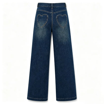Women's High-Waisted Wide-Leg Jeans, Trendy Vintage Wash Design with Heart Pockets, Casual Y2K Style Denim Pants, Comfortable Fit Without Belt, Durable Denim Fabric That Flatters the Figure, Versatile Cut, Yw-1892