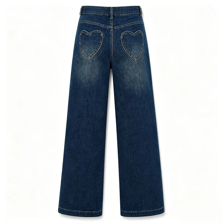 Women's High-Waisted Wide-Leg Jeans, Trendy Vintage Wash Design with Heart Pockets, Casual Y2K Style Denim Pants, Comfortable Fit Without Belt, Durable Denim Fabric That Flatters the Figure, Versatile Cut, Yw-1892
