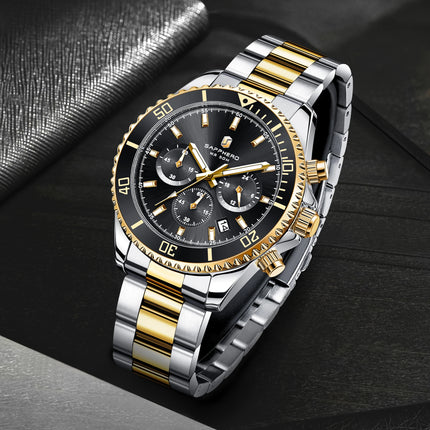SAPPHERO Orologio Uomo Quarzo Lusso Cronografo Sport Acciaio Inossidabile Impermeabile 50M Data Luminoso Orologio Elegante Business