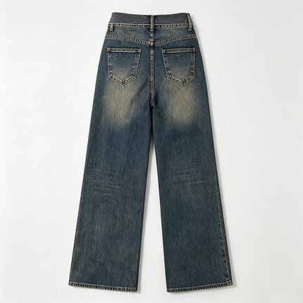 Women's Wide-Leg Jeans with Rhinestone-Trimmed Cuff, Dark Blue Retro Vintage Wash Denim, Trendy Shiny Details, Glam Streetwear Style, Flattering Fit That Enhances the Silhouette, Jf526