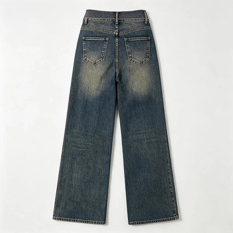 Women's Wide-Leg Jeans with Rhinestone-Trimmed Cuff, Dark Blue Retro Vintage Wash Denim, Trendy Shiny Details, Glam Streetwear Style, Flattering Fit That Enhances the Silhouette, Jf526