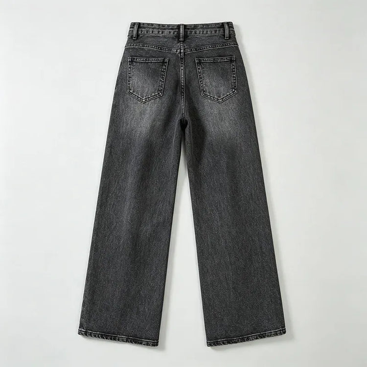 High Waist Wide Leg Women's Jeans Black Vintage Wash Effect Denim Fitted Retro Texture, Wide Soft Streetwear pants, Ideal for Casual Outings And Urban Looks, Comfortable Fit Valuing Silhouette FX5153