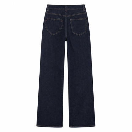 Women's Jeans High Waist Wide Leg Dark Blue Double Button Back Pocket Heart Shape Elegant Comfortable For Work And Outgoing YW‑1891