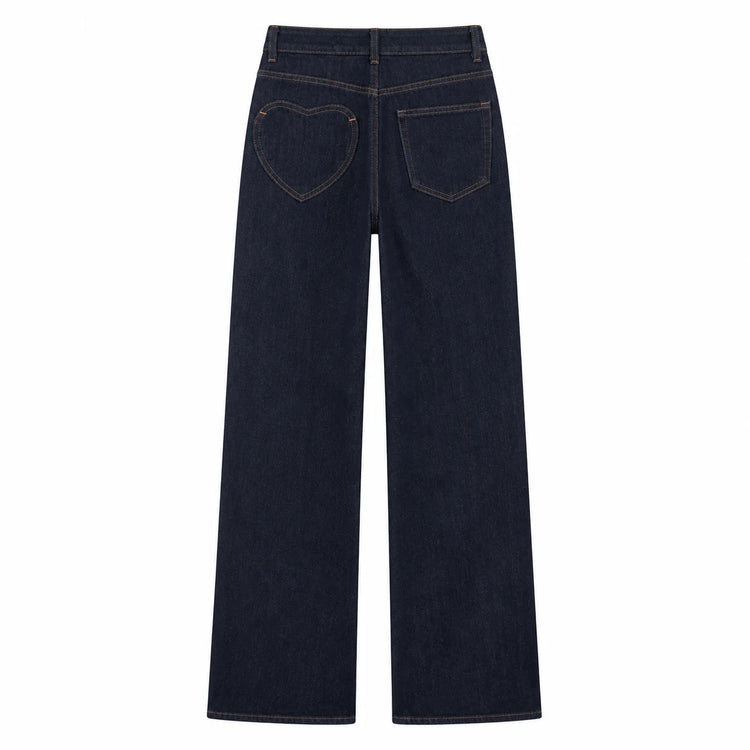 Women's Jeans High Waist Wide Leg Dark Blue Double Button Back Pocket Heart Shape Elegant Comfortable For Work And Outgoing YW‑1891