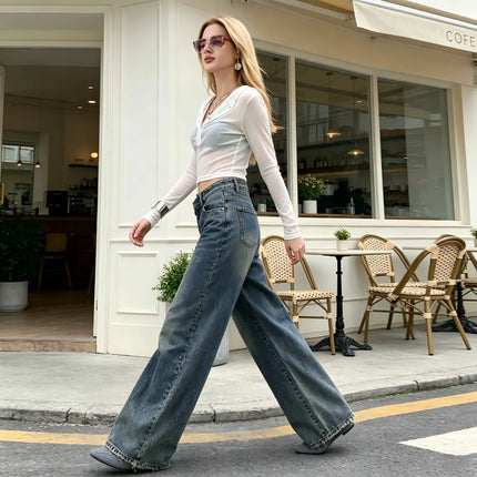 Women's High-Waisted Wide-Leg Jeans with Cross Closure, Vintage Distressed Blue Wash, Loose-Fitting Pants with Frayed Hem in Y2K Streetwear Style, Flowing Cut That Lengthens Legs and Enhances Silhouette, Relaxed Fit, Yw-1910