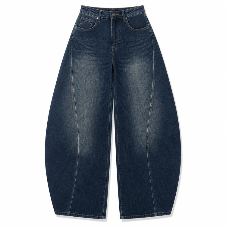 Women's Loose-Fitting Dark Blue Barrel-Leg Jeans, Denim with Decorative Stitching, Trendy High-Waisted Design, Casual Urban Streetwear Style, Durable Fabric, Comfortable Fit That Enhances Your Silhouette, Maximum Freedom of M