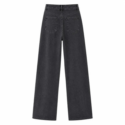 Women's High-Waisted Wide-Leg Jeans, Vintage Faded Dark Wash, Casual Streetwear Style, Elegant Modern Retro Style Pants, Flowy Cut That Elongates the Legs and Enhances the Silhouette, Comfortable Fit, Ideal for Outings Fx1338