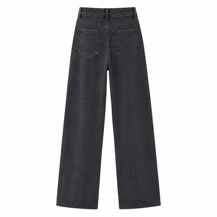 Women's High-Waisted Wide-Leg Jeans, Vintage Faded Dark Wash, Casual Streetwear Style, Elegant Modern Retro Style Pants, Flowy Cut That Elongates the Legs and Enhances the Silhouette, Comfortable Fit, Ideal for Outings Fx1338