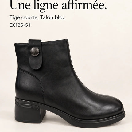 Bel Chou's EX135-51 Women's Black Block Heel Ankle Boots with Inner Zip and Decorative Button