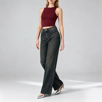 Women's Jeans Big Leg High Waist Denim Blue-Black Wash Vintage Effect Texture Used Thin pants Casual Streetwear For Urban Outing and Daily Look FX563-1