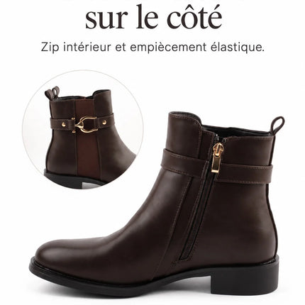 Bel Chou's J130-63 Women's Dark Brown Low Heel Boots with Inner Zipper and Gold Buckle