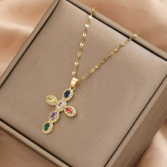 Collana da 1 pezzo con personalità della moda Collana da donna elegante con croce di zirconi rotondi colorati micro intarsiati