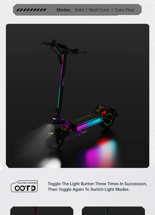 Monopattino elettrico OOTD T10PRO con motore da 2600W, 60 km/h, batteria al litio 52V 23.4Ah, illuminazione ambientale, freno idraulico