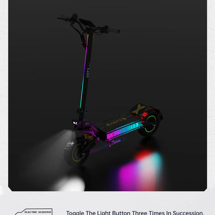 Monopattino elettrico OOTD T10PRO con motore da 2600W, 60 km/h, batteria al litio 52V 23.4Ah, illuminazione ambientale, freno idraulico