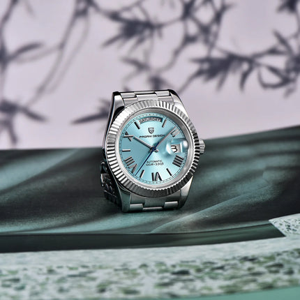 Orologio automatico di lusso Blue DESIGN Ice Blue per uomo, orologio da polso meccanico in acciaio inossidabile, impermeabile, vetro zaffiro AR, consegna locale