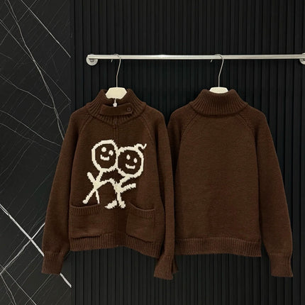 Vintage Streetwear Women Zip‑Up Knit Cardigan Stand Collar Loose Long‑Sleeve Knitwear With Pockets Casual Autumn Winter Outerwear For Ladies