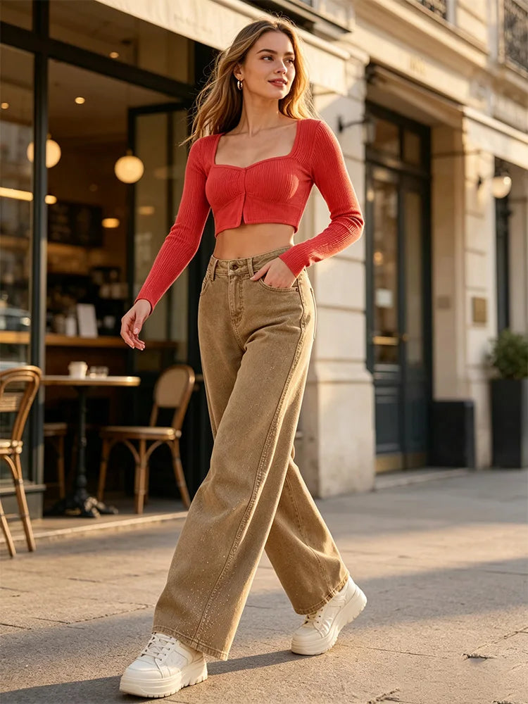Barrel Women's Jeans High Waist Denim Washed Khaki Shaded Rhinestones Side pants Wide Curved Balloon Streetwear Retro Glam Look For City Out And Leisure FX5429-5