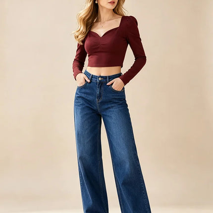 Woman High Waist Wide Leg Jeans Dark Blue Classic Wash Denim Elastic Soft Fit Modern Casual Ideal For Daily Outing And Urban Look Values The Silhouette Hails Legs YW1190