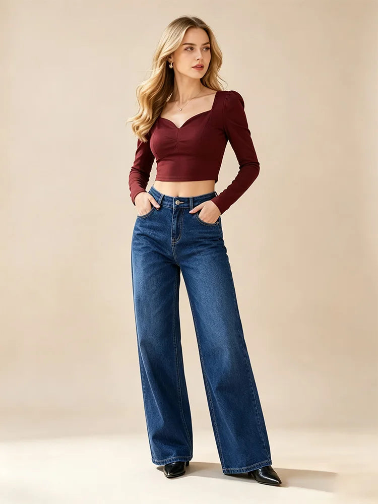 Woman High Waist Wide Leg Jeans Dark Blue Classic Wash Denim Elastic Soft Fit Modern Casual Ideal For Daily Outing And Urban Look Values The Silhouette Hails Legs YW1190