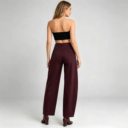 Banana Women's Jeans High Waist Denim Bordeaux Washed Rhinestones Side pants Wide Curves Shine Streetwear For Party Out Citizens Look Fashion Glam FX5429-2