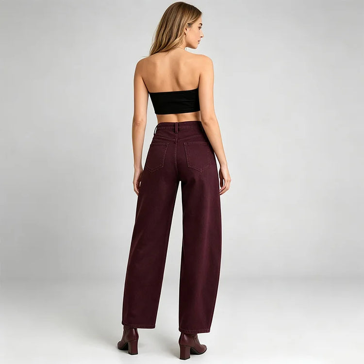 Banana Women's Jeans High Waist Denim Bordeaux Washed Rhinestones Side pants Wide Curves Shine Streetwear For Party Out Citizens Look Fashion Glam FX5429-2