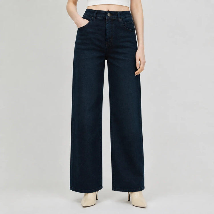 Women's High-Waisted Wide-Leg Jeans in Dark Navy Blue, Comfortable Stretch Denim Fabric, 5-Pocket Design, Slimming Effect, Hides Leg Imperfections, Elegant Casual Style for Daily Outfits and Work Looks Fx1338‑7