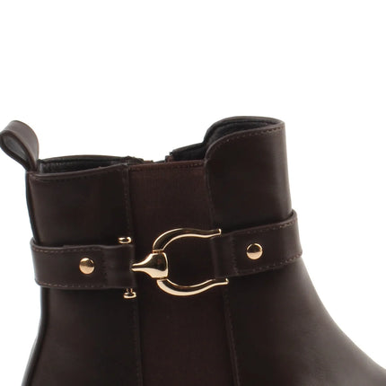 Bel Chou's J130-63 Women's Dark Brown Low Heel Boots with Inner Zipper and Gold Buckle