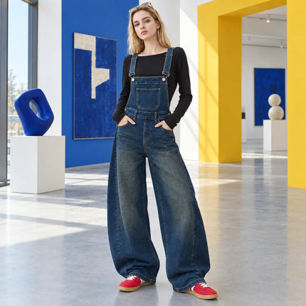 Women's Trendy Vintage Wash Balloon-Leg Denim Overalls, Adjustable Suspenders, Loose-Fitting Pants with Practical Pockets That Flatter the Figure, Urban Casual Streetwear Style, Durable Denim Fabric, Ideal for Spring and Autu