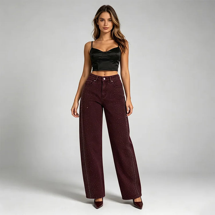 Banana Women's Jeans High Waist Denim Bordeaux Washed Rhinestones Side pants Wide Curves Shine Streetwear For Party Out Citizens Look Fashion Glam FX5429-2