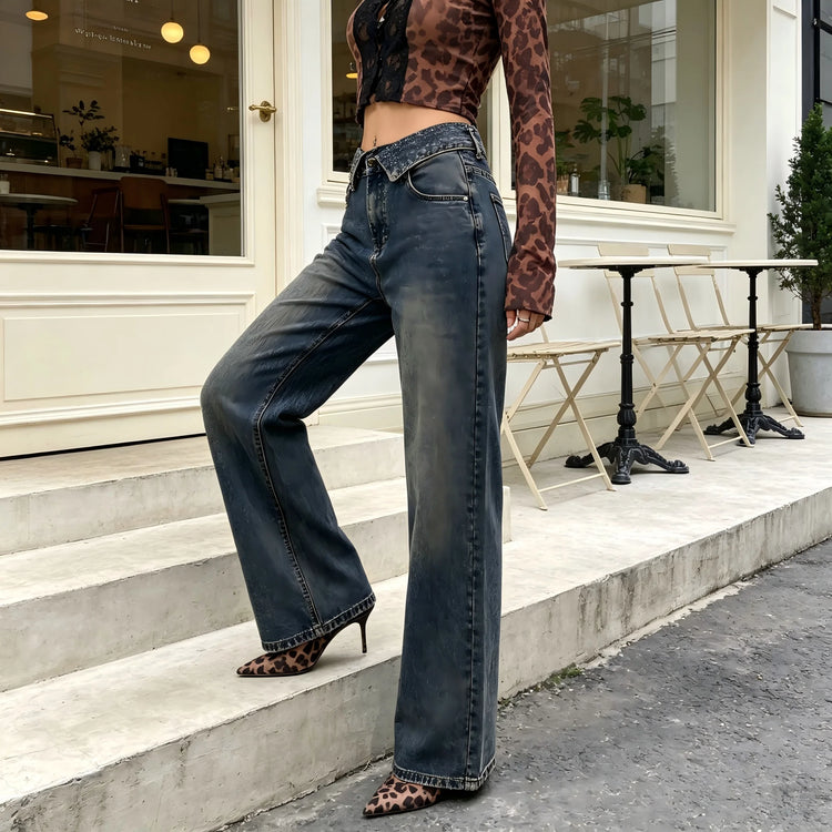 Women's High-Waisted Wide-Leg Jeans in Blue and Black Vintage Style, Loose Fit with Cuffed Hem, Elegant Casual Streetwear Pants, Retro Distressed Wash That Enhances the Silhouette, Flowy Cut That Elongates the Legs, Jf526
