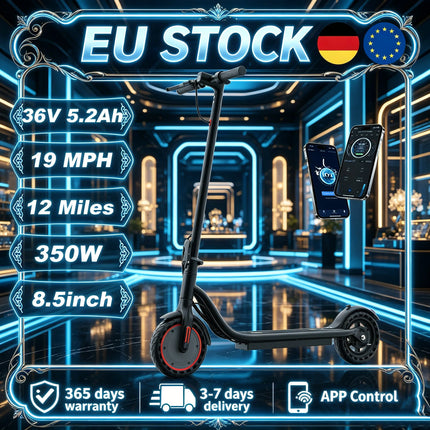 EU Stock Portable Foldable Electric Scooter 350W Motor 19MPH Maximum Speed 12 Miles Long Endurance 36V5.2AH Three Speed Adjustment App Function IPX4 Water Resistant 8.5 Inch Solid Rubber Tire 120Kg Load For Suburb Short Rides