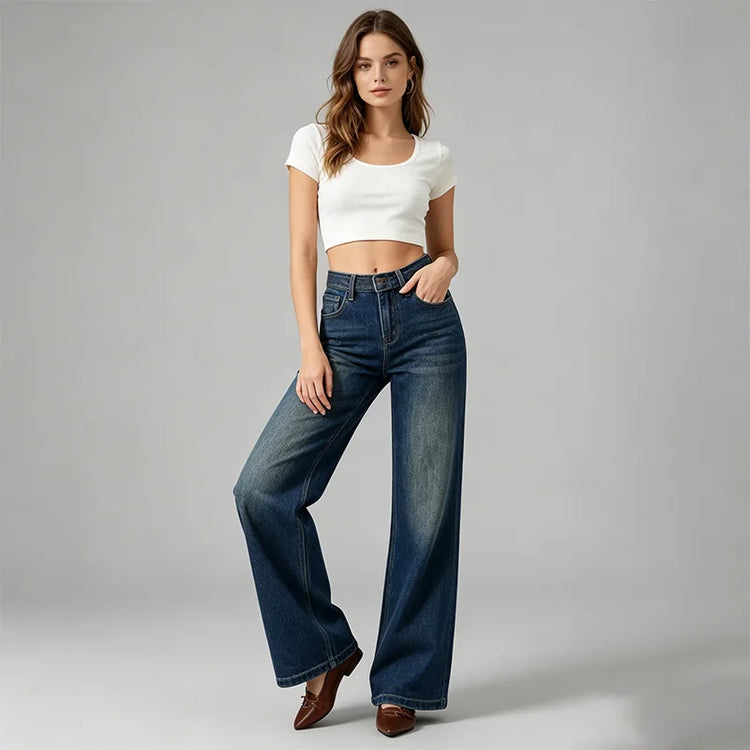 Women's High-Waisted Wide-Leg Jeans, Trendy Vintage Wash Design with Heart Pockets, Casual Y2K Style Denim Pants, Comfortable Fit Without Belt, Durable Denim Fabric That Flatters the Figure, Versatile Cut, Yw-1892