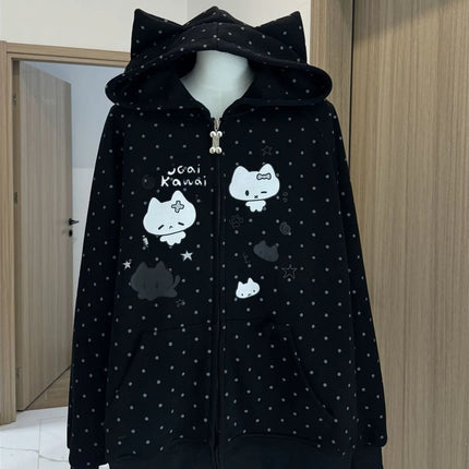 Japanese Y2k Hoodies Jackets Women Clothes Polka Dot Cat Print Sweatshirts 2025 Ropa Mujer Casual Chic Hooded Cute Hoodie Tops