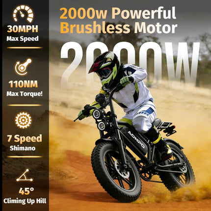 Bicicletta elettrica AONPO per adulti, motore da 2000W di potenza massima, batteria 52V15Ah, moto da montagna fuoristrada, pneumatici fat da 20*4.0 pollici, E-Bike