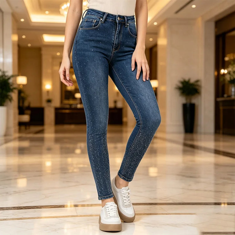 Skinny Jeans High Waist Blue woman Wash Ankles Shaded Rhinestones elastic Denim fabric Slimming Party Design For Daily Use FX5024