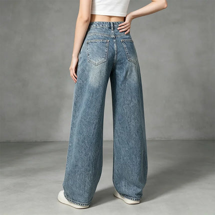 Women's High-Waisted Jeans with Criss-Cross Closure, Wide-Leg Vintage Faded Wash Effect, Trendy Streetwear Style Loose Denim Pants, Comfortable Fit That Enhances the Silhouette, Versatile Design, Yw-1910