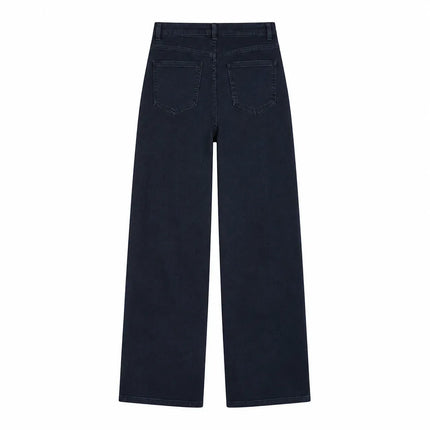 Women's Wide-Leg Jeans with High Waist, Solid Dark Blue Denim, Soft Elastic Fabric, Slimming Loose Cut That Hides Leg Imperfections, Trendy Urban Casual Style, Comfortable Fit, Enhances the Silhouette, Fx1338-7