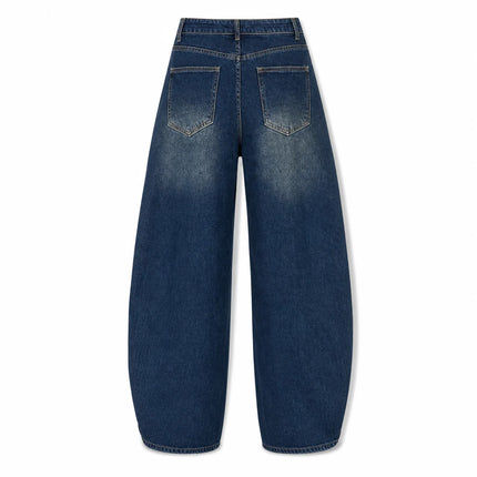 Asymmetric Cross Waist woman Wide Barrel Leg Jeans Dark Blue Denim Vintage Wash Streetwear trousers Shaped Stitching Wide Fit Comfortable Urban Look Daily Fashion Outings YW-1668
