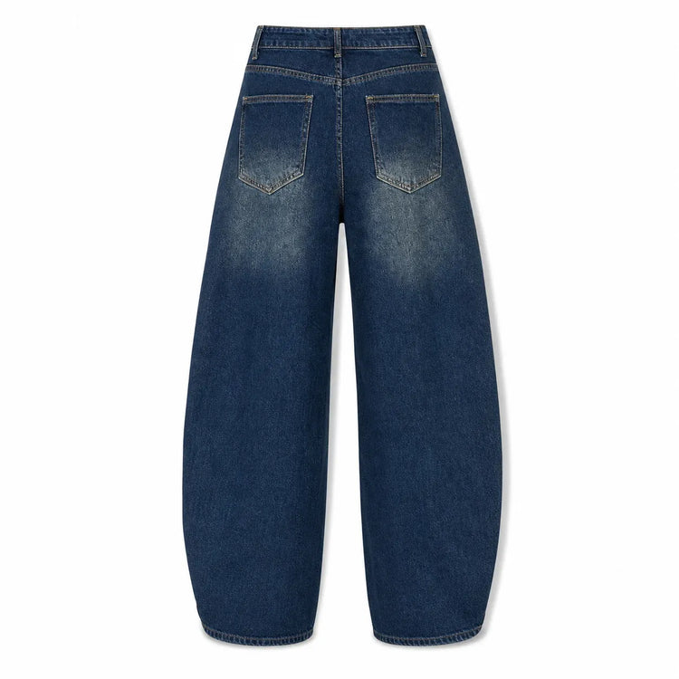 Asymmetric Cross Waist woman Wide Barrel Leg Jeans Dark Blue Denim Vintage Wash Streetwear trousers Shaped Stitching Wide Fit Comfortable Urban Look Daily Fashion Outings YW-1668