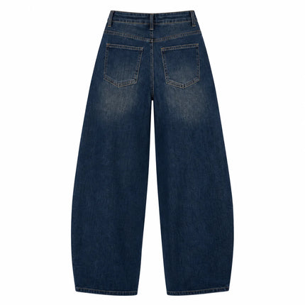 Women's Loose-Fitting Dark Blue Barrel-Leg Jeans, Denim with Decorative Stitching, Trendy High-Waisted Design, Casual Urban Streetwear Style, Durable Fabric, Comfortable Fit That Enhances Your Silhouette, Maximum Freedom of M