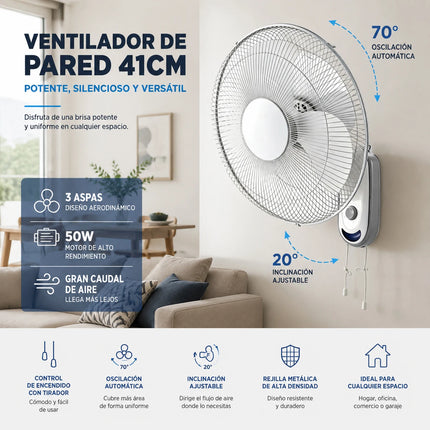 Ventilatore da parete, ventilatore da parete bianco ad alto flusso, ventilatore regolabile a 3 velocità per casa, ufficio e garage