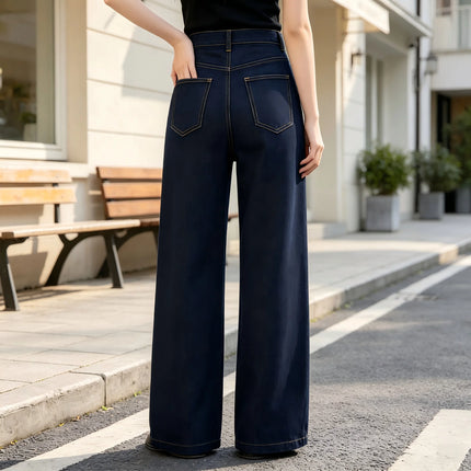 Women's High-Waisted Wide-Leg Jeans, Loose Fit with Classic Pockets, Urban Casual Style, Dark Blue Denim Pants for Modern Everyday Look Yw-1192J